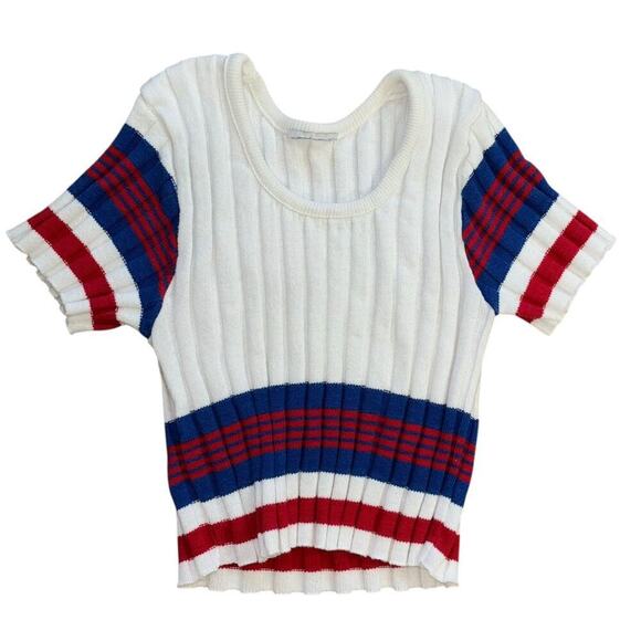 Red White Blue Preppy Americana Short Sleeve Sweater Crop Top Women’s XS/S USA - Picture 4 of 10